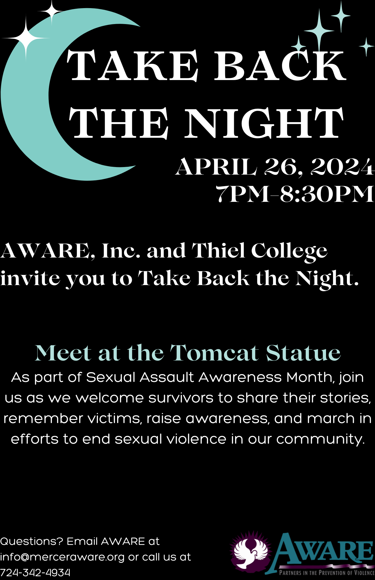 Take Back the Night 2024 Flyer. April 26th, 2024 from 7PM-8:30PM at Thiel College in Greenville, PA. Meet at the Tomcat Statue. 